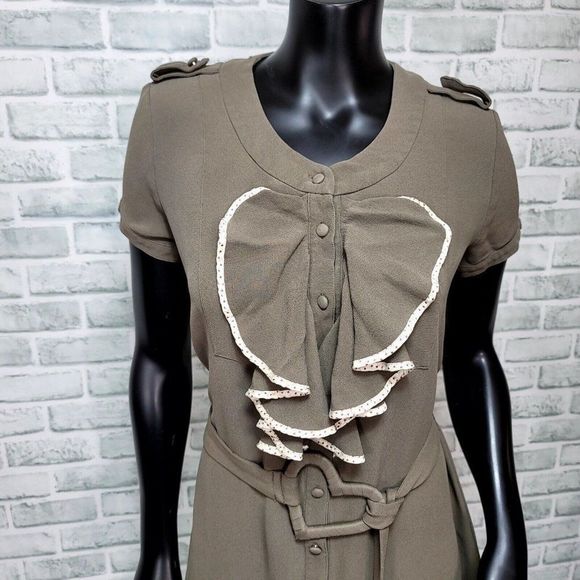 Viktor & Rolf by H&M Womens 10 Taupe Silk Ruffle‎ Button Front Heart Belt Dress - Picture 2 of 11